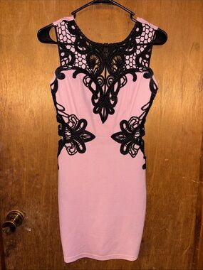 Sleeveless Pink Mini Dress with Black Lace Overlay
